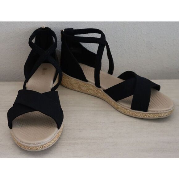 BZees I8760F1002 Women's Sz 10W Black Linen Bali Sand Wedge Strappy Sandals - Picture 9 of 11